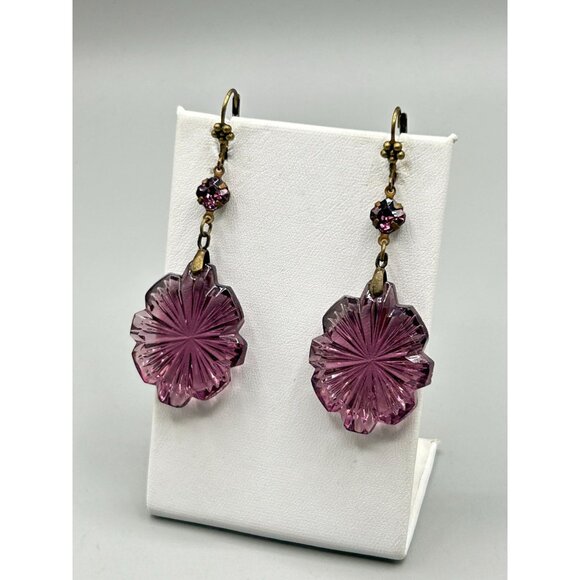 Art Deco Czech Glass Earrings dangles Pressed Amethyst Glass Drops Lever Back Ho - Picture 2 of 7